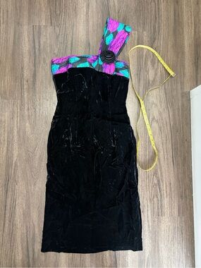 Vintage One-Shoulder Black Velvet Dress with Multicolor Accent